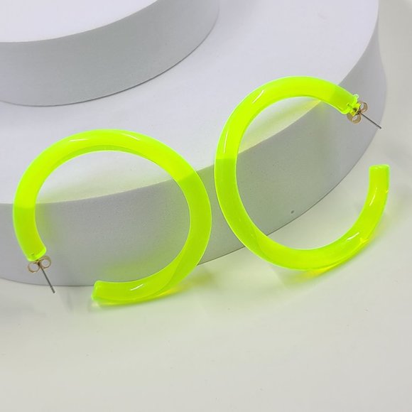 2" Yellow 80's Retro Neon Translucent Tube Lucite Hoop Earrings - Picture 4 of 11